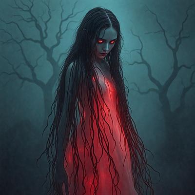 The primary subject of the image is a woman with long hair and a red glow. She is standing in front of a forest with trees in the background. The visual style of the image is a digital art or illustration, creating a dark and mysterious atmosphere. The woman's long hair and the red glow give the image a dramatic and captivating appearance.